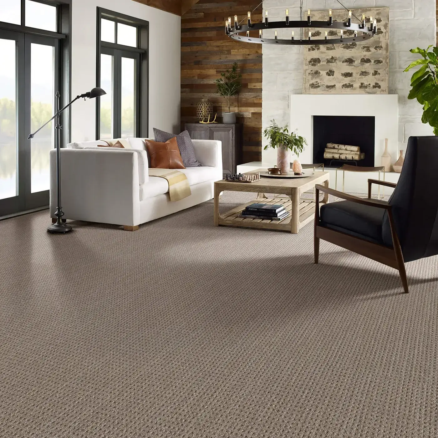 HDF42_99500_ROOM Brown Textured Shaw Floors carpet in rustic living room | Markville Flooring