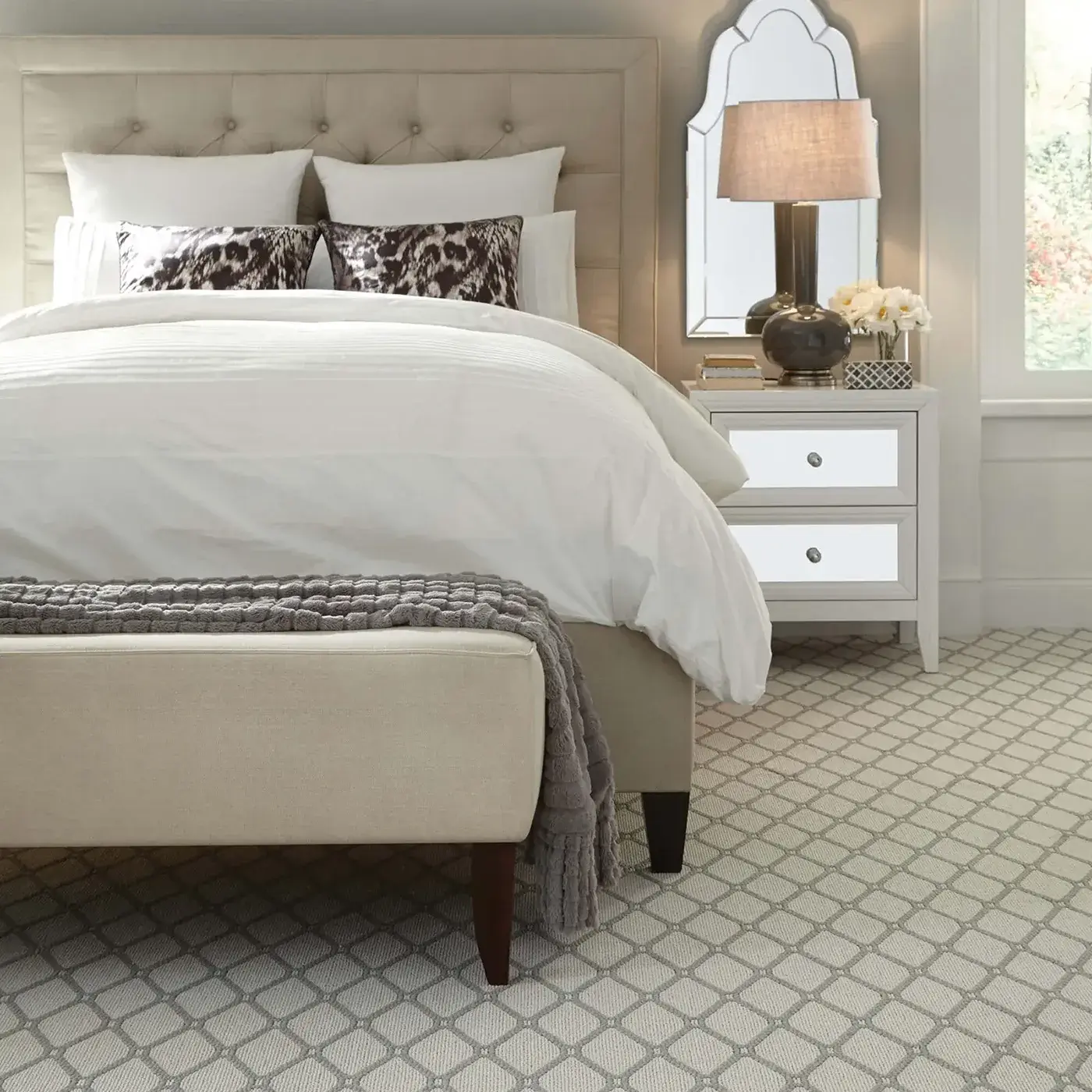 Marrakech-Z6888-00522-Porcelain-V White and gray patterned carpet in a bedroom | Markville Flooring