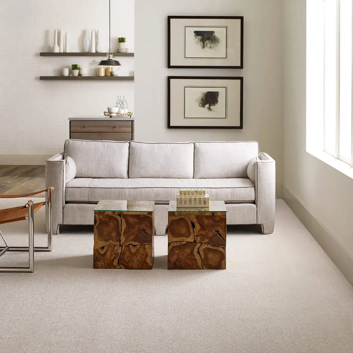 OUTSIDE-THE-LINES-E9645-SNOW-FALL-00101H Light gray Shaw Floors carpet in a lightly colored living room | Markville Flooring
