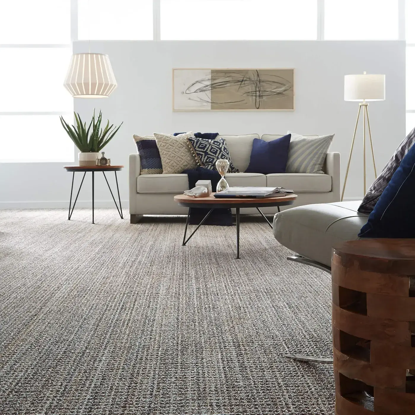 SUNDANCE-ZZ039-JURA-GREY-00525-V Textured gray Shaw Floors carpet in a modern living room | Markville Flooring