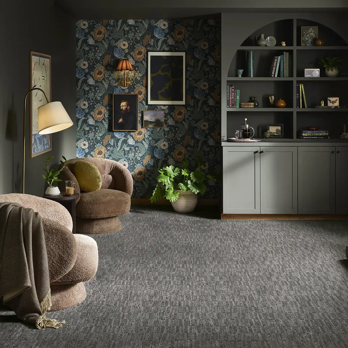 ZZ319_00537_Main Dark gray Shaw Floors carpet in a botanical themed sitting room | Markville Flooring