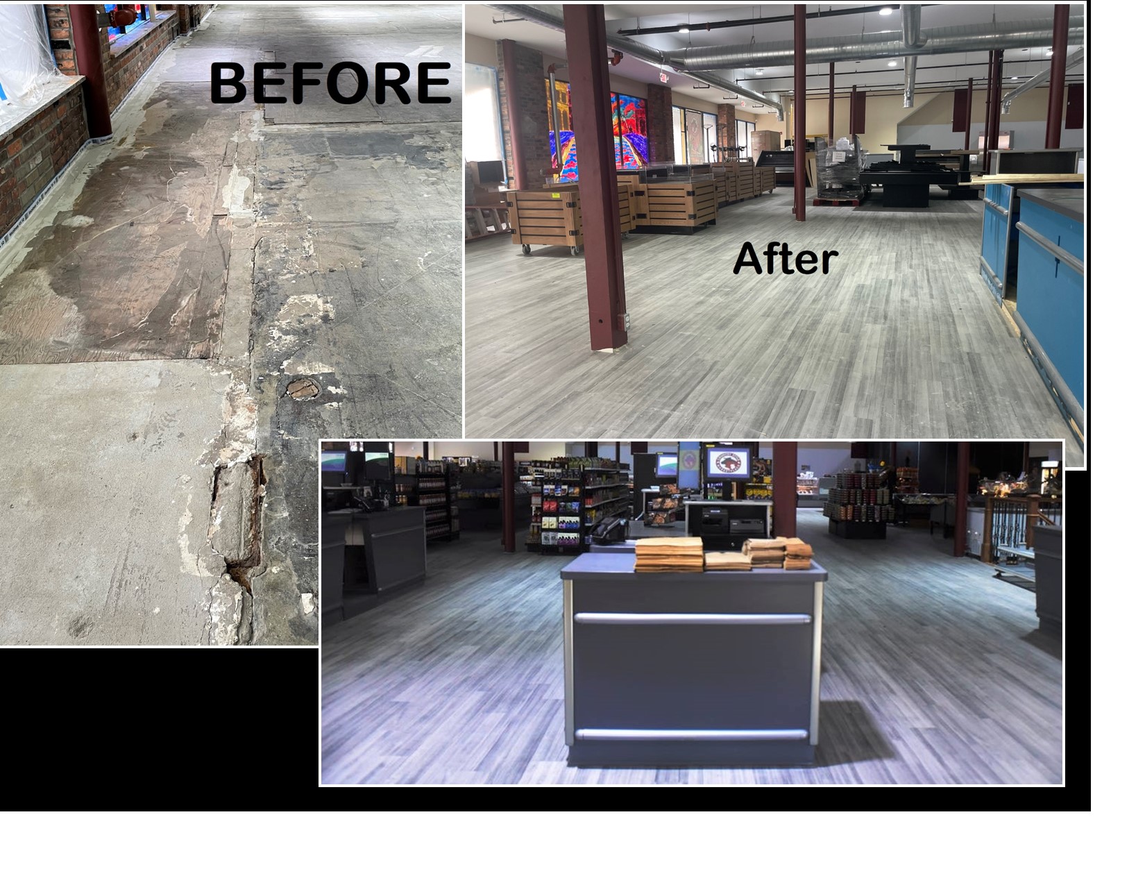 Commercial flooring replacement in a retail space showing before and after results with new luxury vinyl flooring